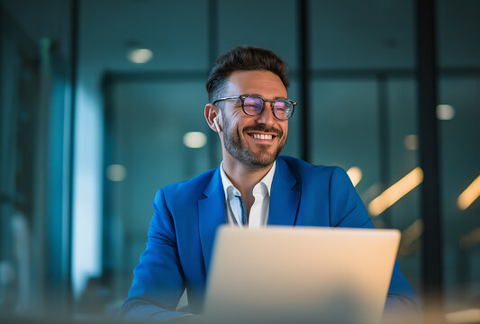 A cheerful businessman in a modern corporate office, working on a laptop, seated at a sleek desk, dark glass walls and ambient lighting in the background