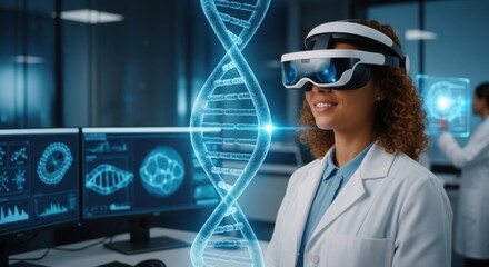Female scientist using vr headset to analyze dna structure in a modern lab