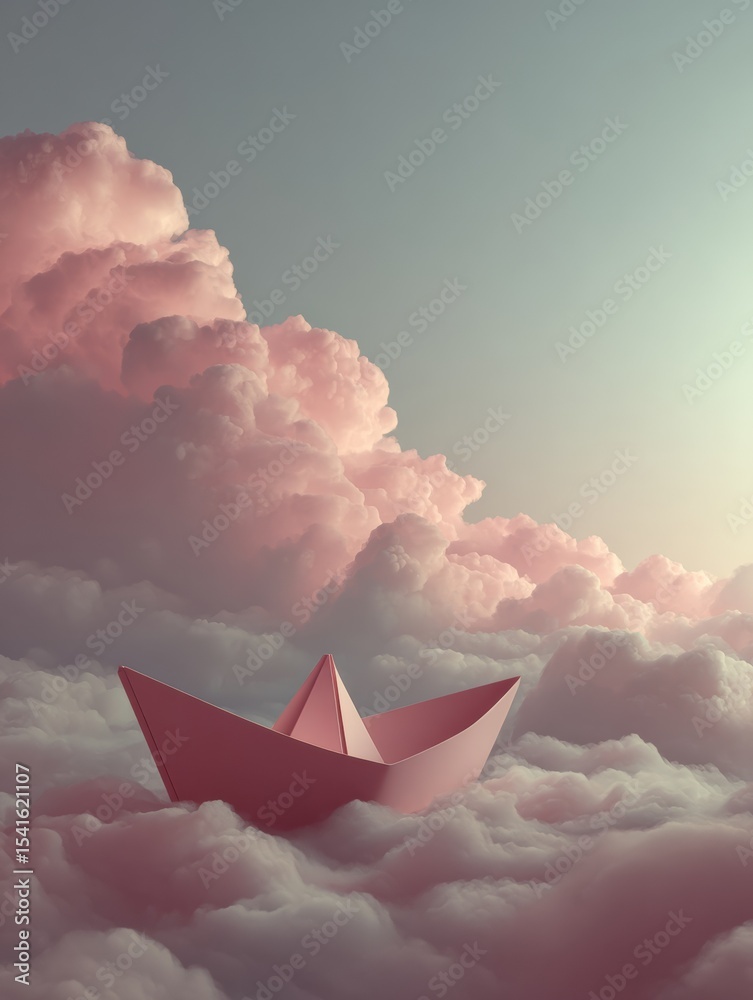 Poster isolated paper boat adrift on soft, stormy gradient clouds under a serene sky at twilight