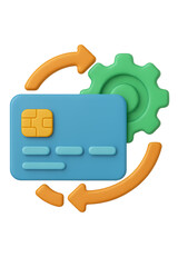 3D icon of a credit card with gear and arrows, symbolizing financial settings, automation, and card management