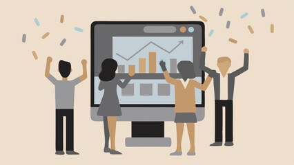 Fototapeta premium Team celebrating success in front of a computer screen showing an upward trending graph and confetti