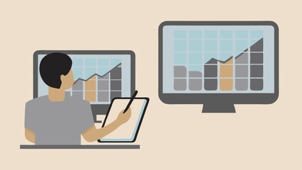 Person analyzing data on computer screens with a tablet and stylus in a beige colored room setting