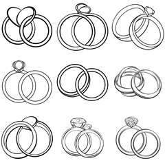 Wedding rings outline vector illustration isolated on white background.