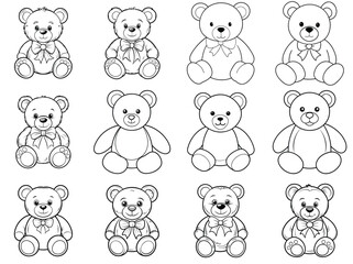 Teddy bears outline vector illustration isolated on white background.