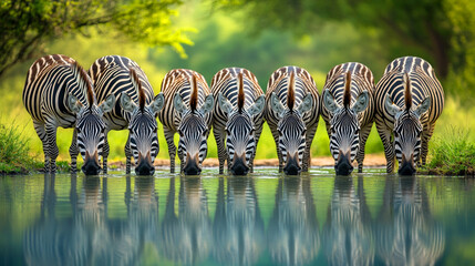 Group of zebras drinking water from the river.