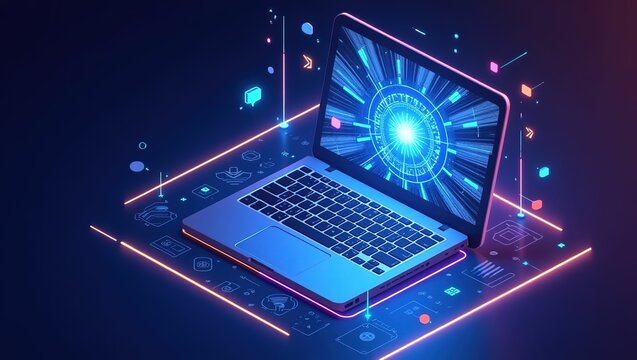 Futuristic laptop concept illustrating digital technology and data processing on a neon background - Powered by Adobe