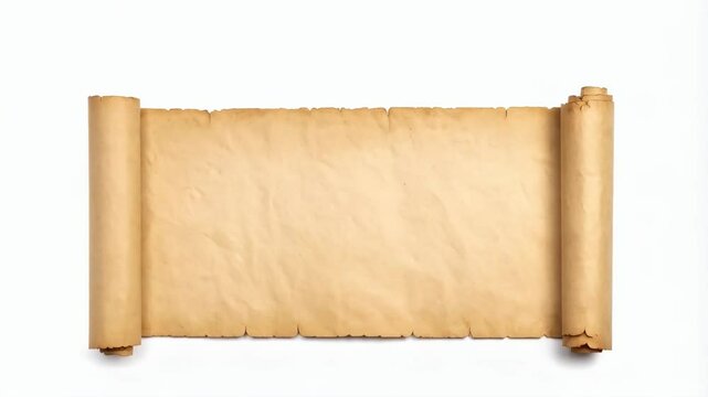 Antique parchment scroll unfolded on a white background, aged paper with weathered edges, blank space perfect for text or a map, old style message