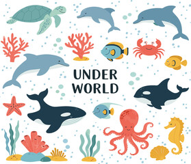 Cute underwater world vector illustration, ocean animals clipart with fish, dolphin, whale, turtle, coral reef, sea life cartoon