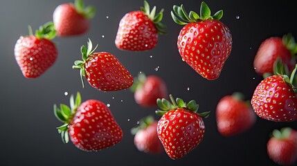Falling strawberries captured in mid-air, isolated on a transparent background for use in creative culinary designs.
