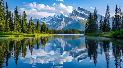A scenic mountain lake surrounded by evergreen trees with the reflection of snow-capped peaks in the calm water