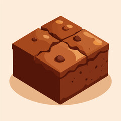 Cartoonstyle isometric view of a square brownie cut into quarters with chocolate chips and a brown shadow on a light tan background