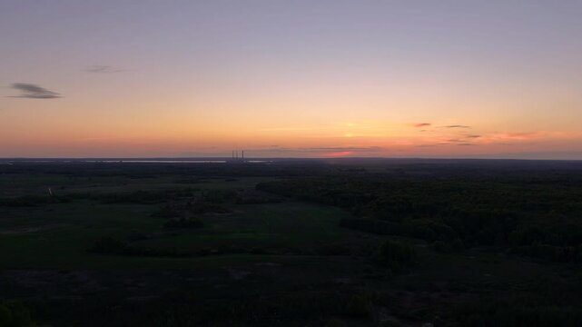 Aerial view of Polesie after sunset on a late summer evening. Polesie in summer at sunset. Nature of Belarus