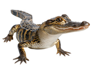Naklejka premium Baby Alligator in Action: A captivating photo presents a baby alligator in a studio-shot pose, showcasing its distinct features and textures, revealing the essence of wild life.