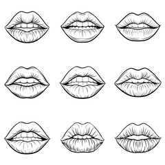 Red lips outline vector illustration isolated on white background.