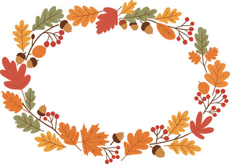 Autumn floral wreath frame with fall leaves, acorns and berries, decorative seasonal border vector, Thanksgiving invitation or greeting design