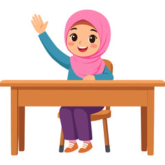 A girl wearing a pink hijab sits at a brown desk raising her hand with a smile
