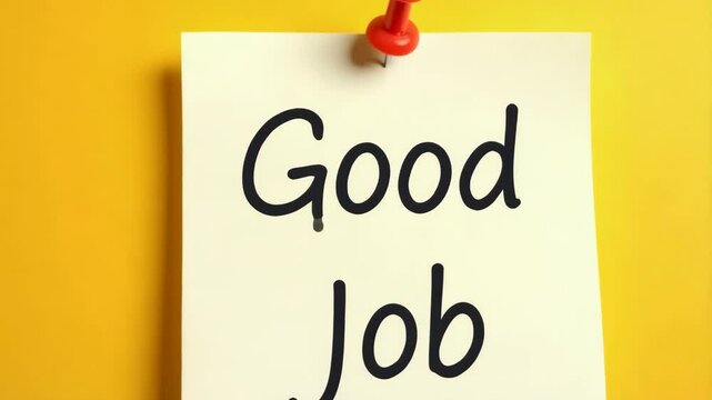 Office memo with handwritten congratulation message and red pin against bright yellow background, recognition for excellent achievement