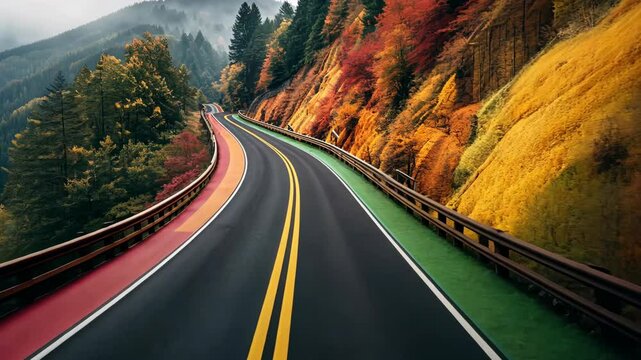winding mountain road serpentining through dense forest landscape, concept of travel adventure nature exploration