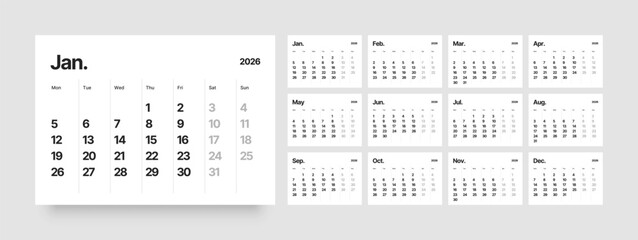 Monthly calendar layout for 2026 year. Diary planner for 2026 year. Week Starts on Monday. 