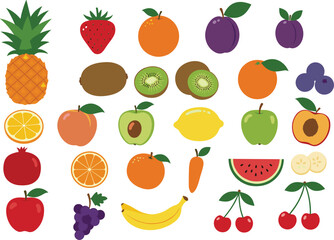 Colorful fresh fruits vector set, tropical and juicy fruits illustration, healthy organic food clipart, isolated icons for design