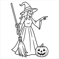 Premium Halloween Witch Outline Drawing