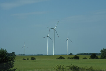 Wind power generators against a green field