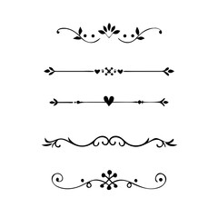 Text dividers with hearts doodle set. Wedding decorative elements. Divider ornament, borders, arrows. Hand drawn vector illustration isolated on white background
