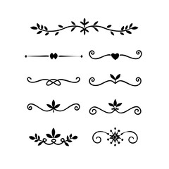 Text dividers with hearts doodle set. Wedding decorative elements. Divider ornament, borders, arrows. Hand drawn vector illustration isolated on white background
