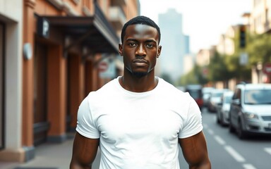 Fototapeta premium T-Shirt Mockup Front View, Black man wearing plain white shirt in city street, upper body visible only up to chin, realistic shirt design for print placement, clean outdoor clothing scene.