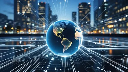 Lighting grid plane, rotating 3D globe extending lines over nighttime city skyline, pulsing nodes - Powered by Adobe