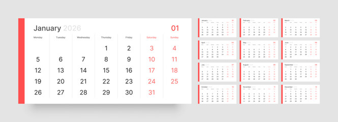 Monthly calendar layout for 2026 year. Quarterly calendar for 2026 year. Week Starts on Monday. 