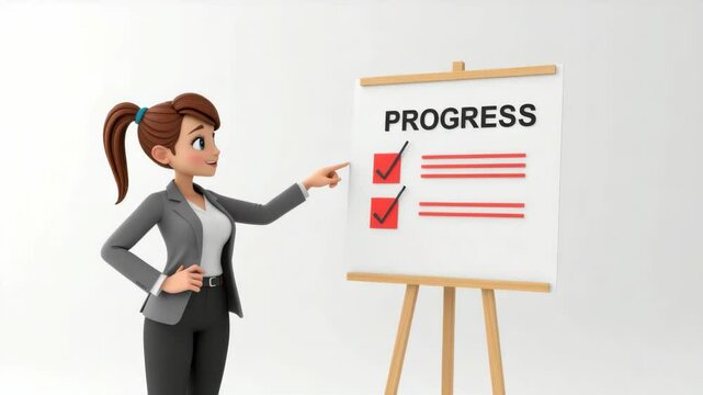 A female cartoon presenter in business attire points at a progress checklist on an easel with check marks.