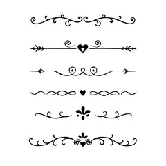 text dividers doodle set. Wedding decorative elements. Divider ornament, borders, floral, vintage line separators. Hand drawn vector illustration isolated on white background. Set page dividers.
