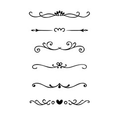 text dividers doodle set. Wedding decorative elements. Divider ornament, borders, floral, vintage line separators. Hand drawn vector illustration isolated on white background. Set page dividers.
