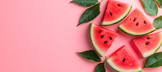 Pink background with watermelon slices and leaves for annual american watermelon day on august 3