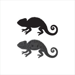 Fototapeta premium black silhouette of two chameleons on a white background, vector, black and white graphics 
