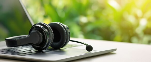 The black headphones resting on a laptop in a natural workspace setting