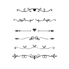 text dividers doodle set. Wedding decorative elements. Divider ornament, borders, floral, vintage line separators. Hand drawn vector illustration isolated on white background. Set page dividers.
