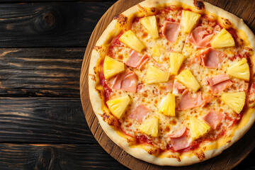 Homemade pizza Hawaiian with ham and pineapple on a dark wooden background.