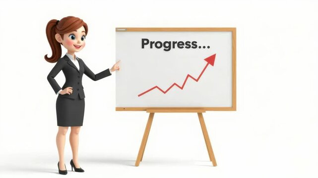 A cartoon businesswoman in a suit points at a whiteboard showing an upward trending progress chart.