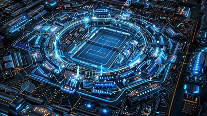 Futuristic tennis court integrated into a circuit board, illustrating technology's growing influence in sports and its potential for enhanced performance and analysis - Powered by Adobe