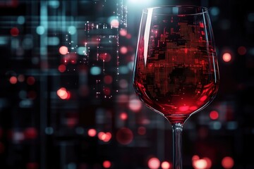 A close-up of a wine glass filled with red wine. The background features abstract digital patterns and glowing lights, creating a modern and tech-inspired atmosphere.