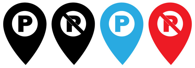 Parking and No parking icon sign inside of location map icon with white background . No parking Vector icon set. Parking prohibition. Prohibition road signs set. Vector illustrator, symbol.