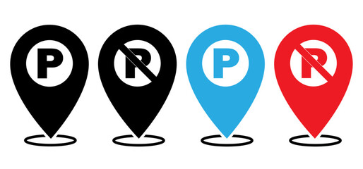 Parking and No parking icon sign inside of location map icon with white background . No parking Vector icon set. Parking prohibition. Prohibition road signs set. Vector illustrator, symbol.