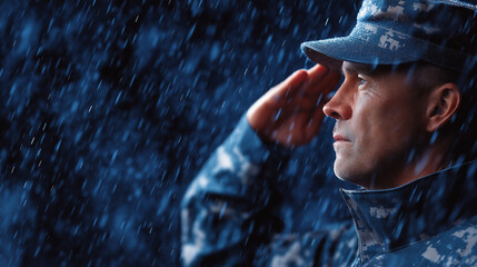A veteran saluting the flag in the rain during a parade