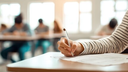 The student taking an exam and writing notes in a bright classroom.