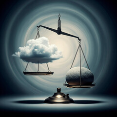 Scales with a cloud and a stone against the background of a whirlwind.