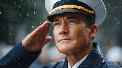 Veteran Saluting Flag in Rain During Parade of Remembrance