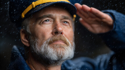 Veteran Saluting Flag in Rain During Parade of Remembrance
