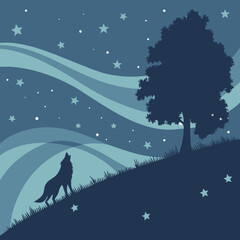 Starry Night Landscape with Tree Silhouette and Crescent Moon,  Night Sky Landscape with Tree, and Stars Vector Illustration. 